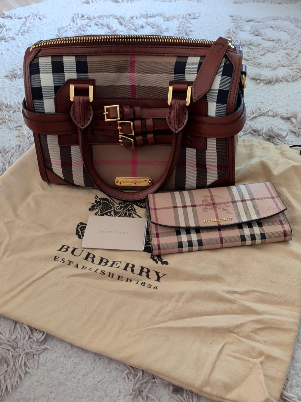 Burberry Beige Vintage Check Satchel with Brown Leather Trim + Matching Wallet